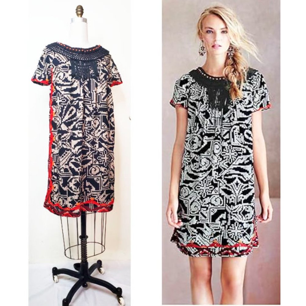 Anthropologie Floreat Womens Abelia African Tribal Print Dress with Embroidery